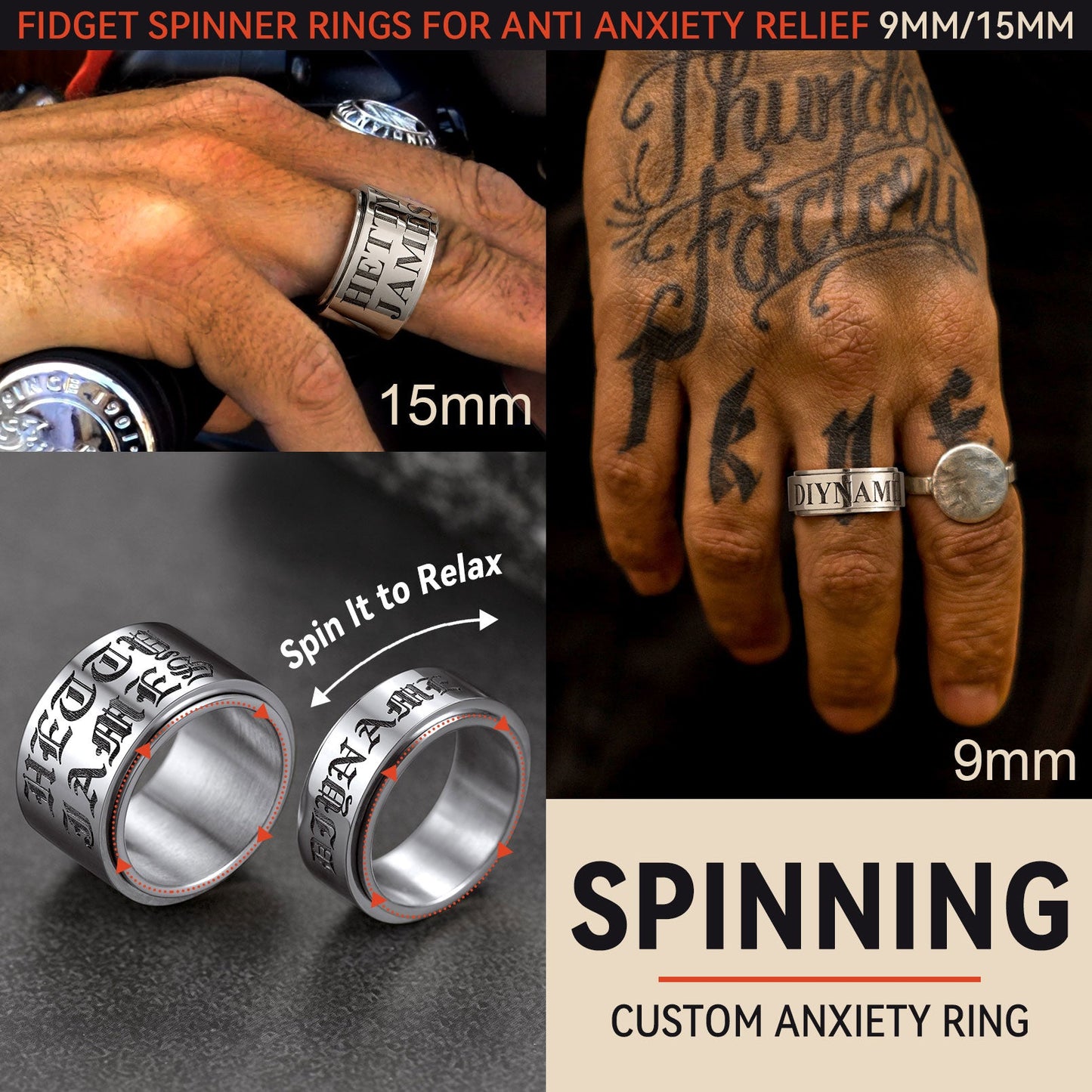 Custom Fidget Spinner Anxiety Rings for Men Women, 9mm/15mm FaithHeart Jewelry