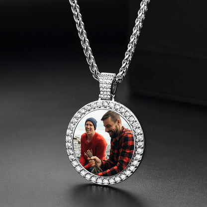 Customized Cubic Zircon Picture Circle Necklace Photo Pendant for Men