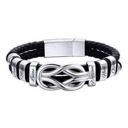 Personalized 6 Name Infinity Love Knot Leather Bracelet for Men on a white background