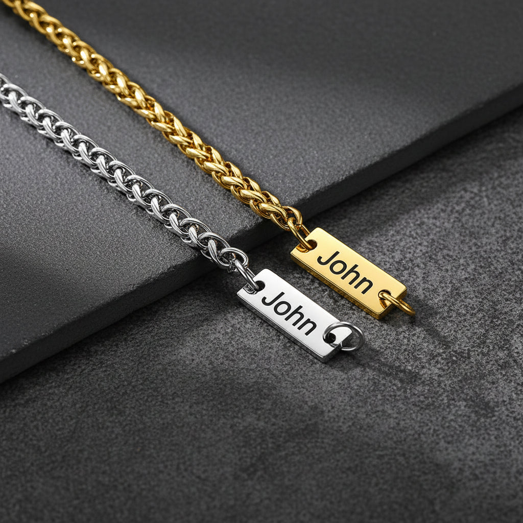 Personalized bar wheat chain bracelets in silver, gold finishes