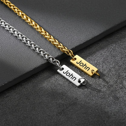 Personalized bar wheat chain bracelets in silver, gold finishes