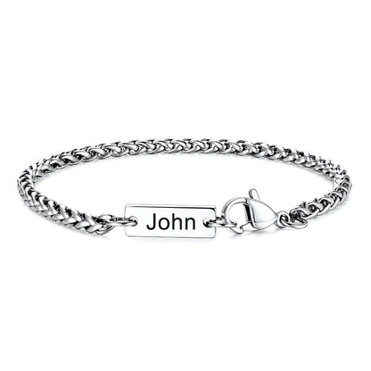 Personalized bar wheat chain bracelet for men women
