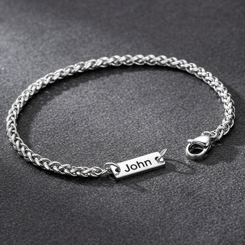 Personalized bar wheat chain bracelet flat lay