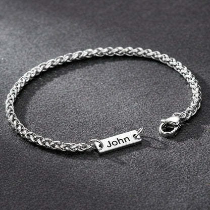 Personalized bar wheat chain bracelet flat lay