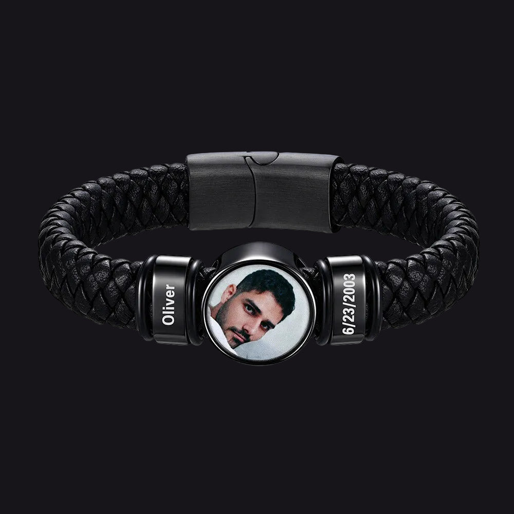 Custom 2 Names Picture Black Braided Leather Bracelet