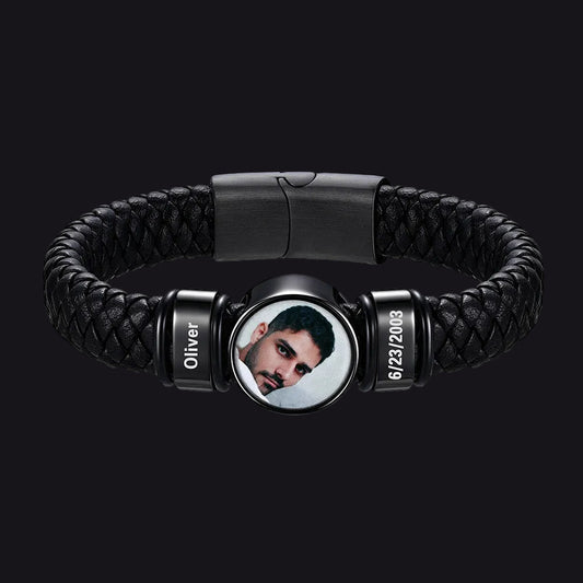 Custom 2 Names Picture Black Braided Leather Braceletimg