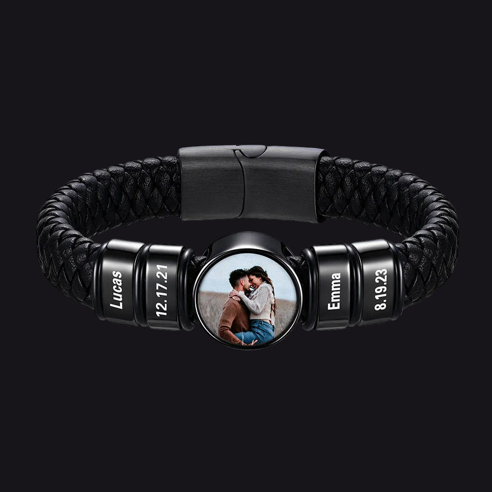 Custom 4 Names Picture Black Braided Leather Bracelet