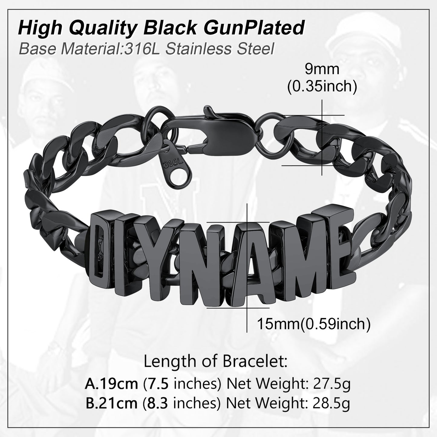 Black gunplated bracelet with 'DIY NAME' engraving, showing measurements and material details.