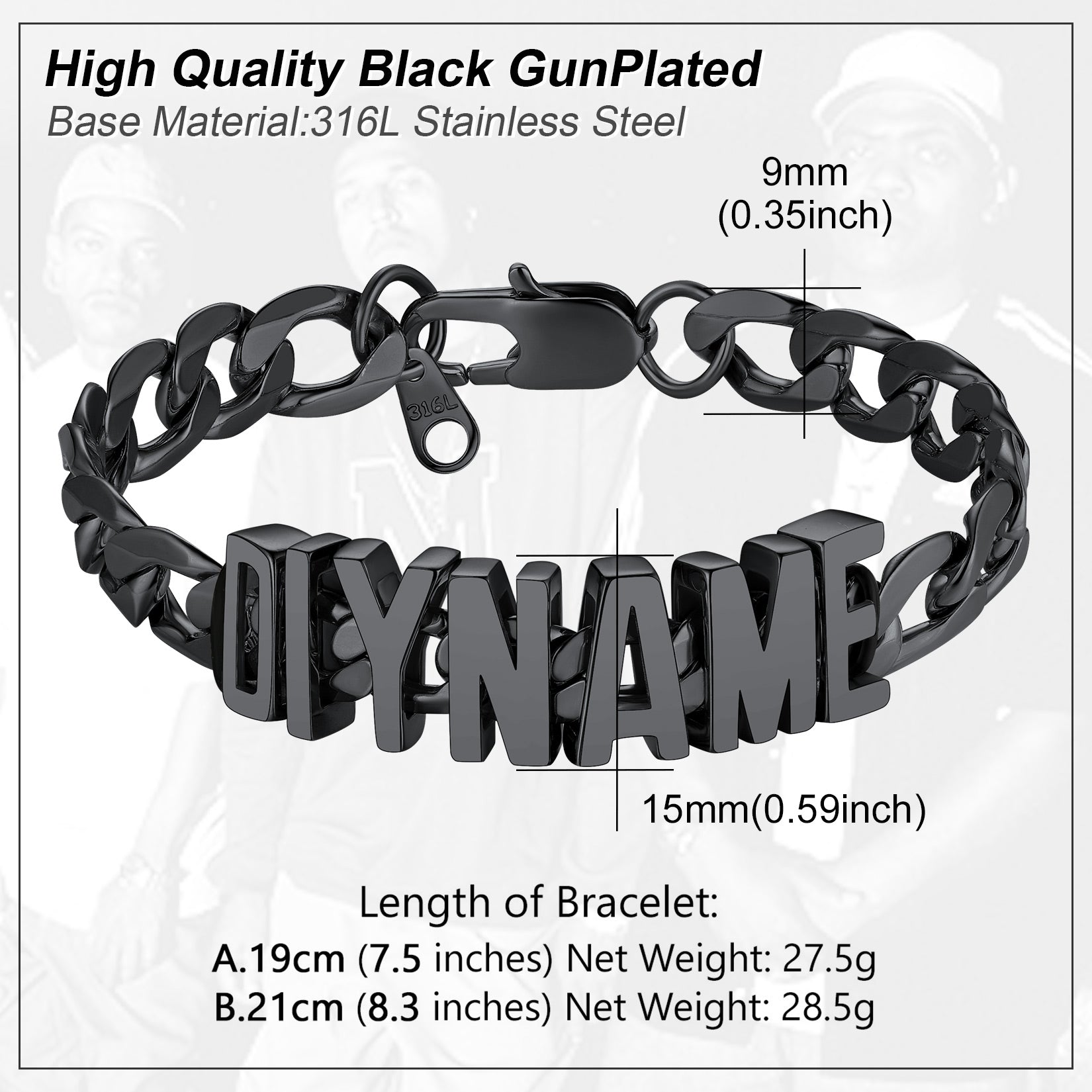 Black gunplated bracelet with 'DIY NAME' engraving, showing measurements and material details.