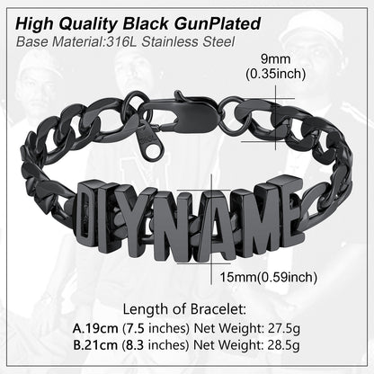 Black gunplated bracelet with 'DIY NAME' engraving, showing measurements and material details.