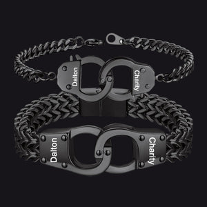 Black Custom Text Handcuffs Chain Bracelet Gift Set for Couple