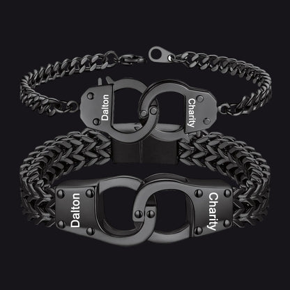 Black Custom Text Handcuffs Chain Bracelet Gift Set for Couple