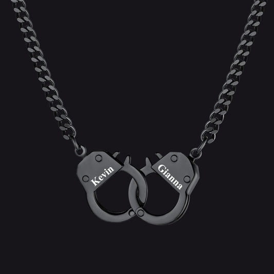 A black metal chain necklace with a pendant shaped like two interlocking handcuffs. img