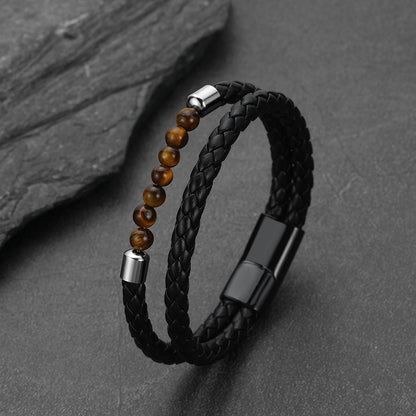 Personalized tiger eye beaded leather bracelet flat lay, custom engraved leather wristband
