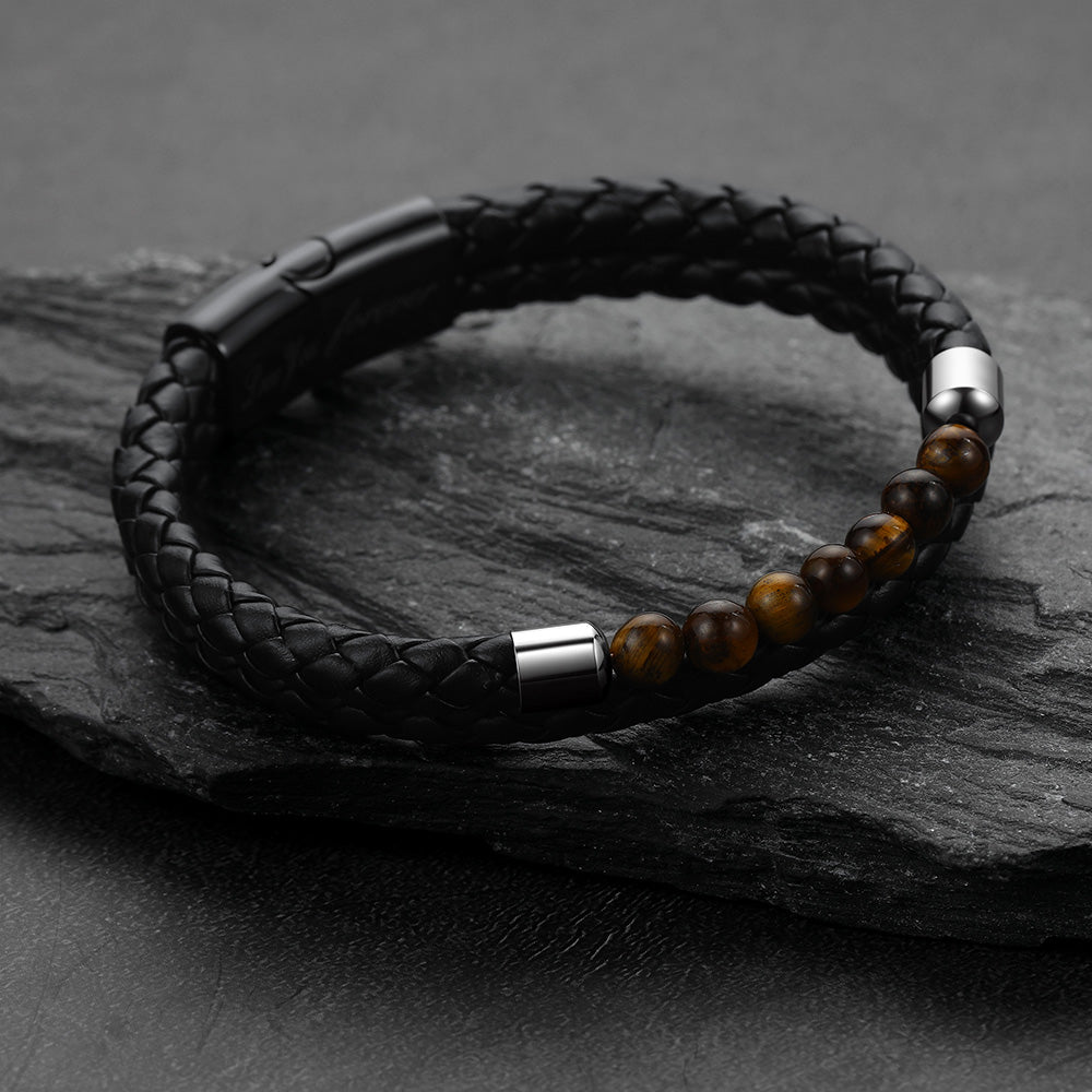 Personalized leather bracelet with tiger eye beads protection wristband for men