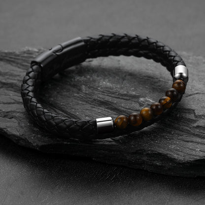 Personalized leather bracelet with tiger eye beads protection wristband for men