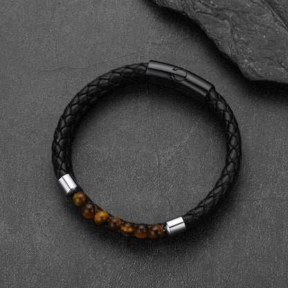 Front and side view of tiger eye protection bracelet with leather band and engraved tag