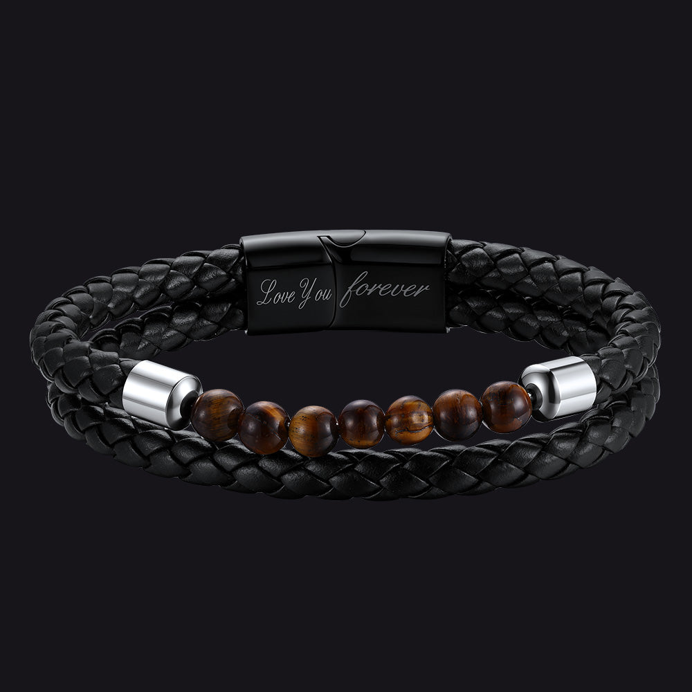 Personalized leather bracelet with tiger eye beads protection wristband for men