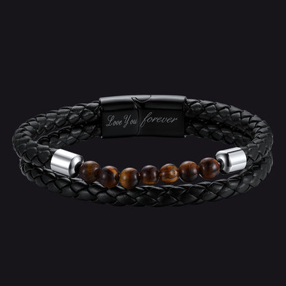 Personalized leather bracelet with tiger eye beads protection wristband for men