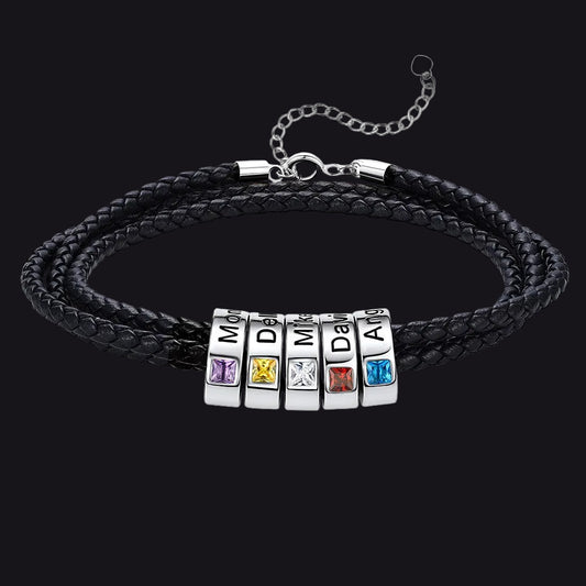 Personalized Leather Braided Bracelet with Birthstone Beadsimg