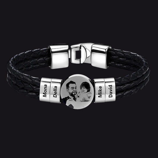 Custom Photo Leather Braided Bracelet with Name Beads for Father Men Giftimg