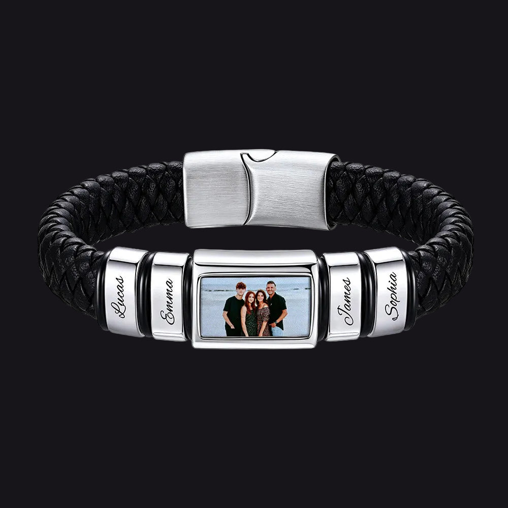 Personalized Multi Name Photo Engraved Braided Leather Bracelet for Men on a white background