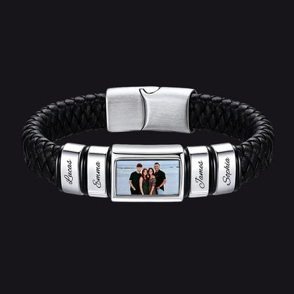 Personalized Multi Name Photo Engraved Braided Leather Bracelet for Men on a white background