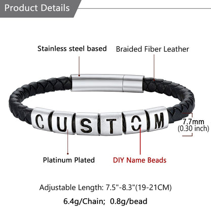 Customized Initial Beaded Leather Bracelet for Men Friendship Bracelet