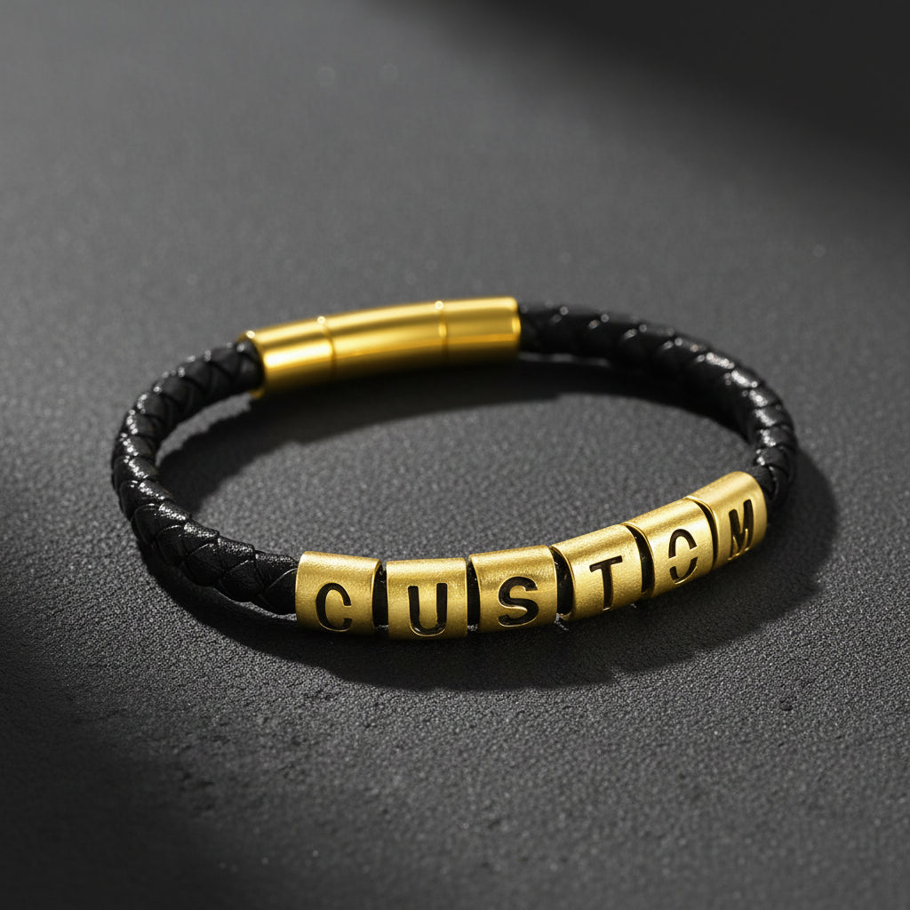 A black braided leather bracelet with a gold-plated cylindrical clasp and five gold letter beads spelling 'CUSTOM'.