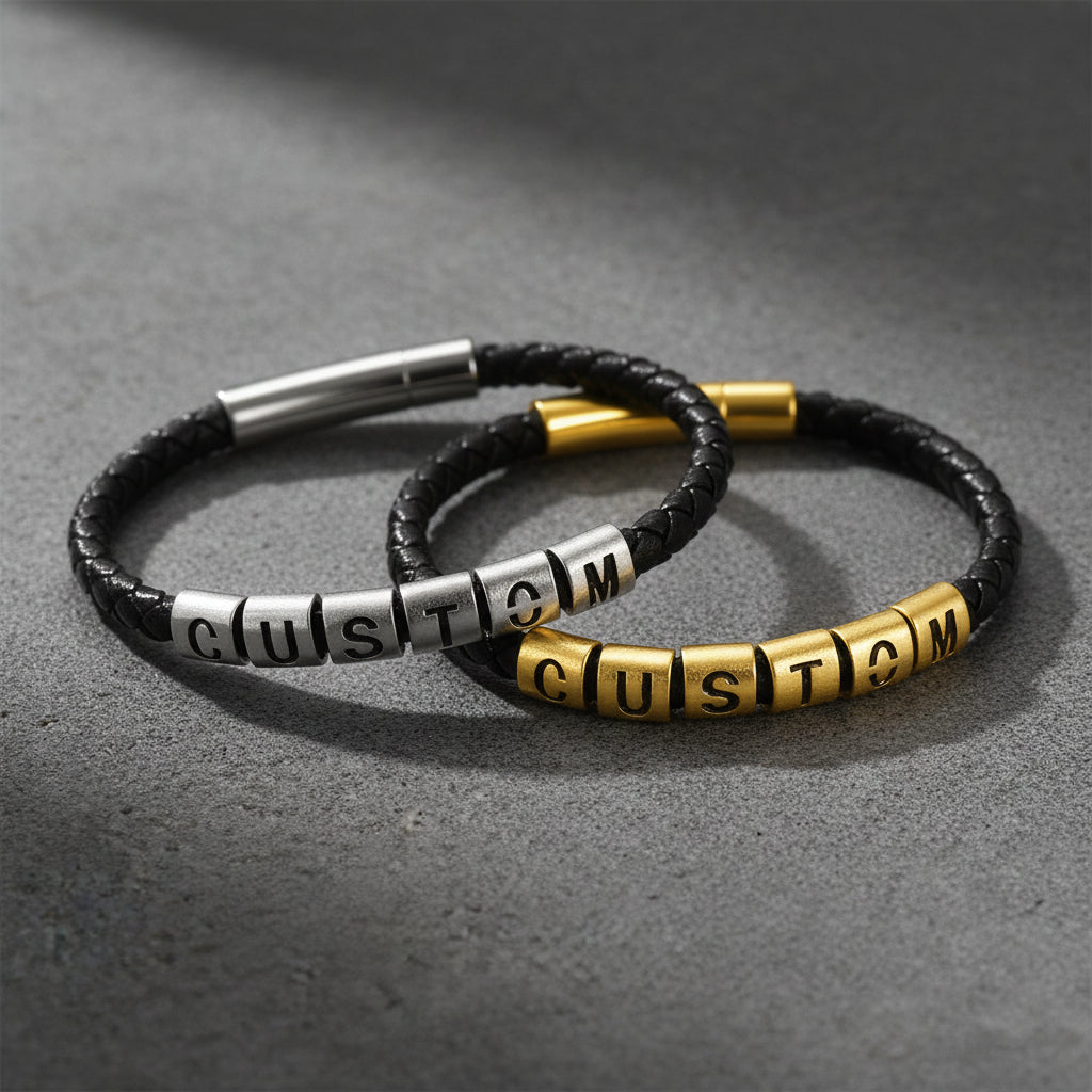 Two braided black cord bracelets with letter beads spelling CUSTOM.