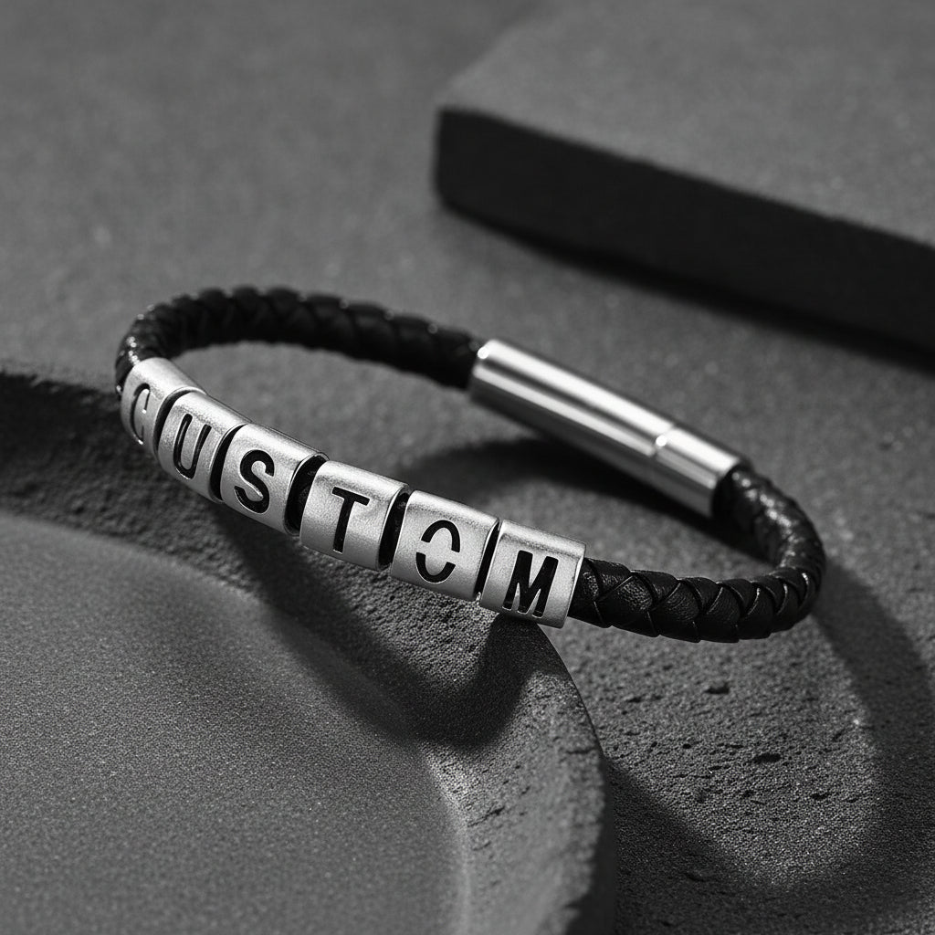 A black braided leather bracelet with silver cube letter beads spelling 'CUSTOM'.