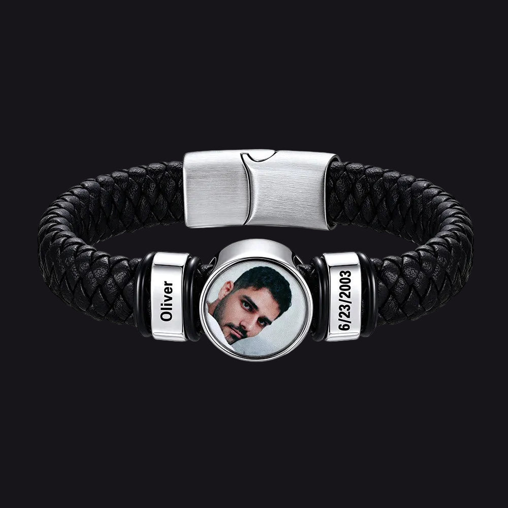Custom 2 Names Picture Black Braided Leather Bracelet
