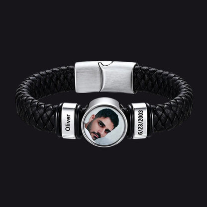 Custom 2 Names Picture Black Braided Leather Bracelet