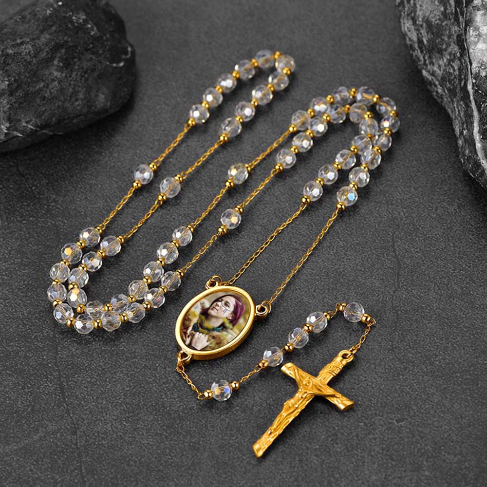 Personalized Photo Rosary Beads Cross Necklace With Picture for Women Men