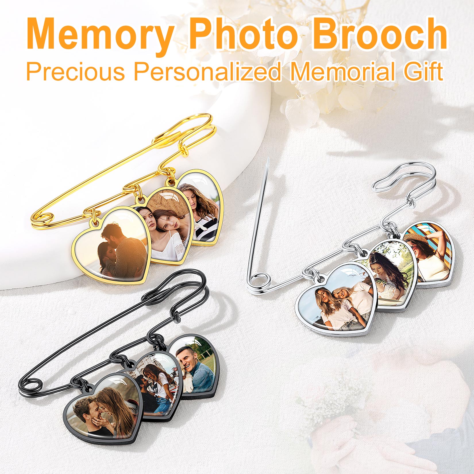 Customized Heart Bouquet 1-4 Pictures Memorial Pins for Wedding