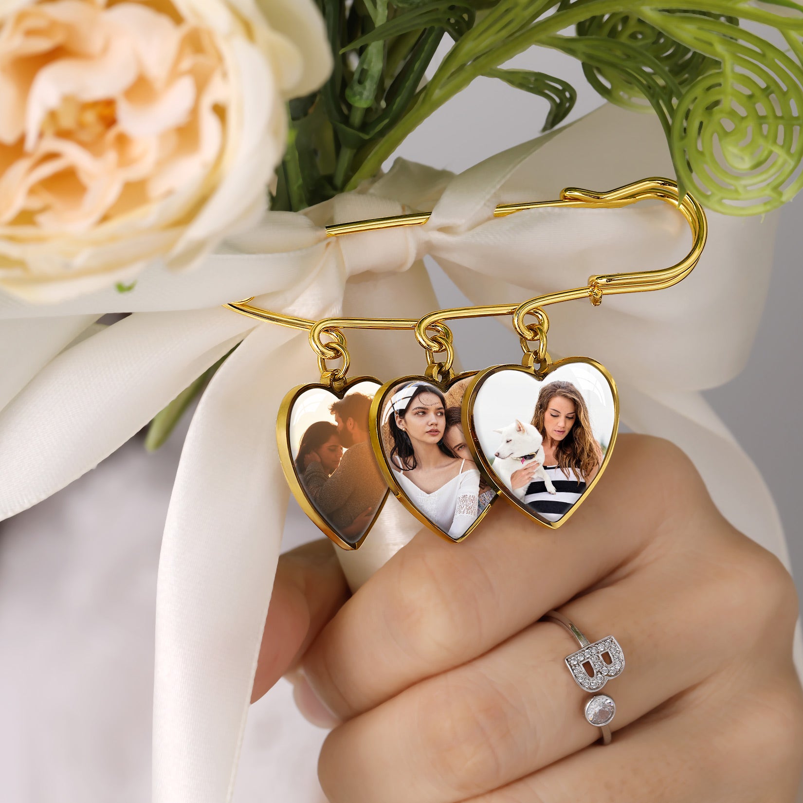 Customized Heart Bouquet 1-4 Pictures Memorial Pins for Wedding