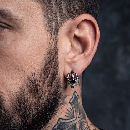 black Poseidon Trident Greek hoop earrings with gemstones for men