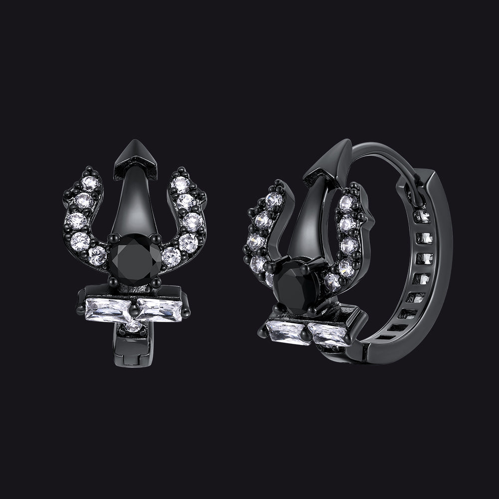 Pair of black Poseidon Trident Greek earrings on a black background
