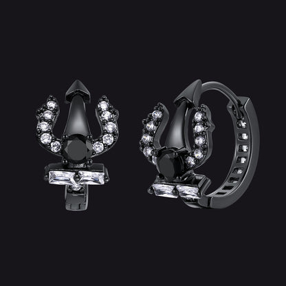 Pair of black Poseidon Trident Greek earrings on a black background