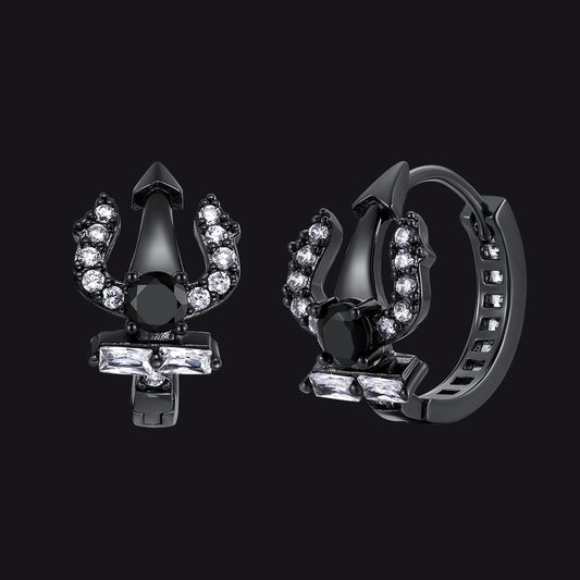 Pair of black Poseidon Trident Greek earrings on a black backgroundimg