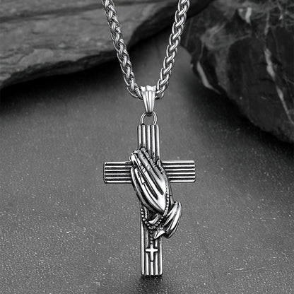 Classic Cross Urn Necklace with Praying Hands for Memorial Jewelry