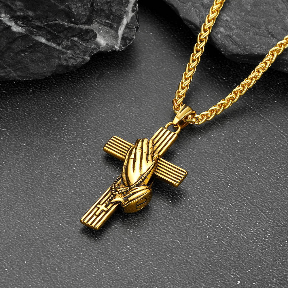 Classic Cross Urn Necklace with Praying Hands for Memorial Jewelry