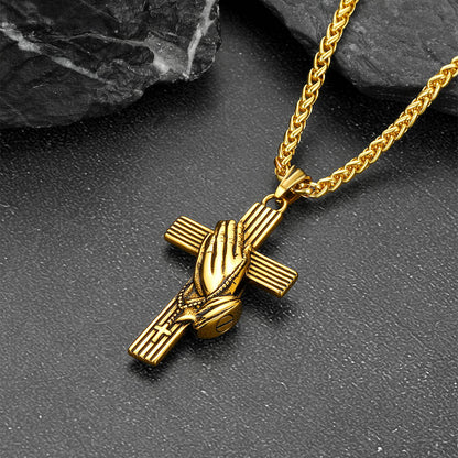 Classic Cross Urn Necklace with Praying Hands for Memorial Jewelry