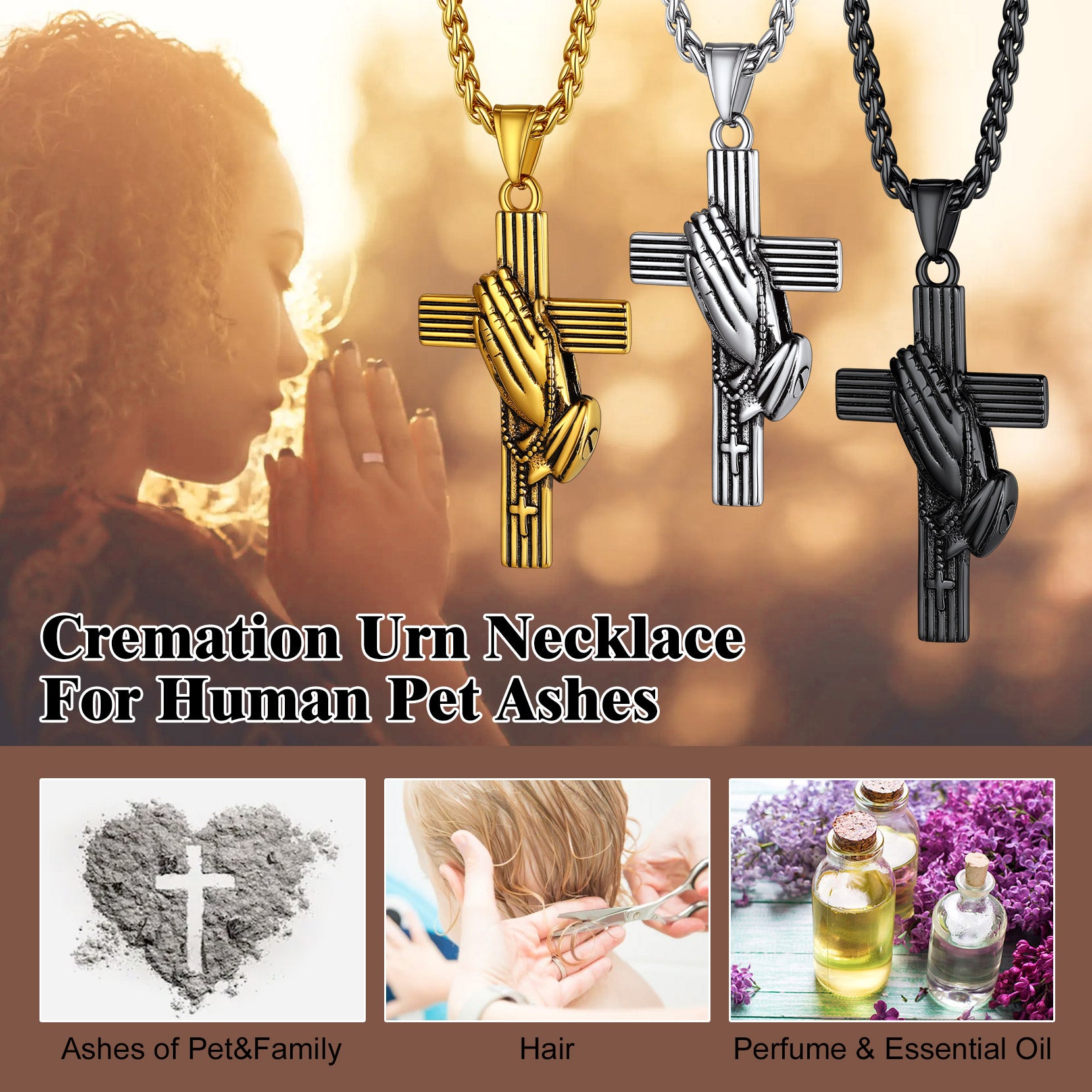 Classic Cross Urn Necklace with Praying Hands for Memorial Jewelry