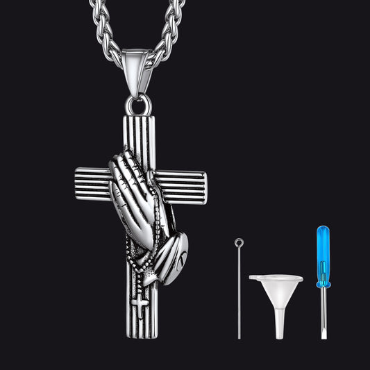 Classic Cross Urn Necklace with Praying Hands for Memorial Jewelry