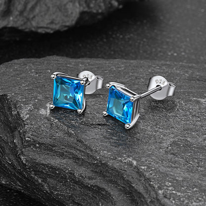 Sterling Silver Princess Cut Birthstone Stud Earrings Gift for Women Her