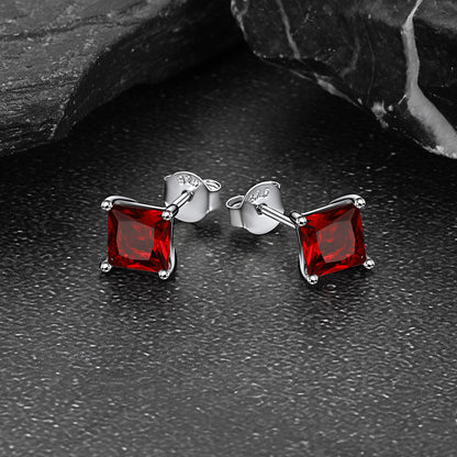 Sterling Silver Princess Cut Birthstone Stud Earrings Gift for Women Her