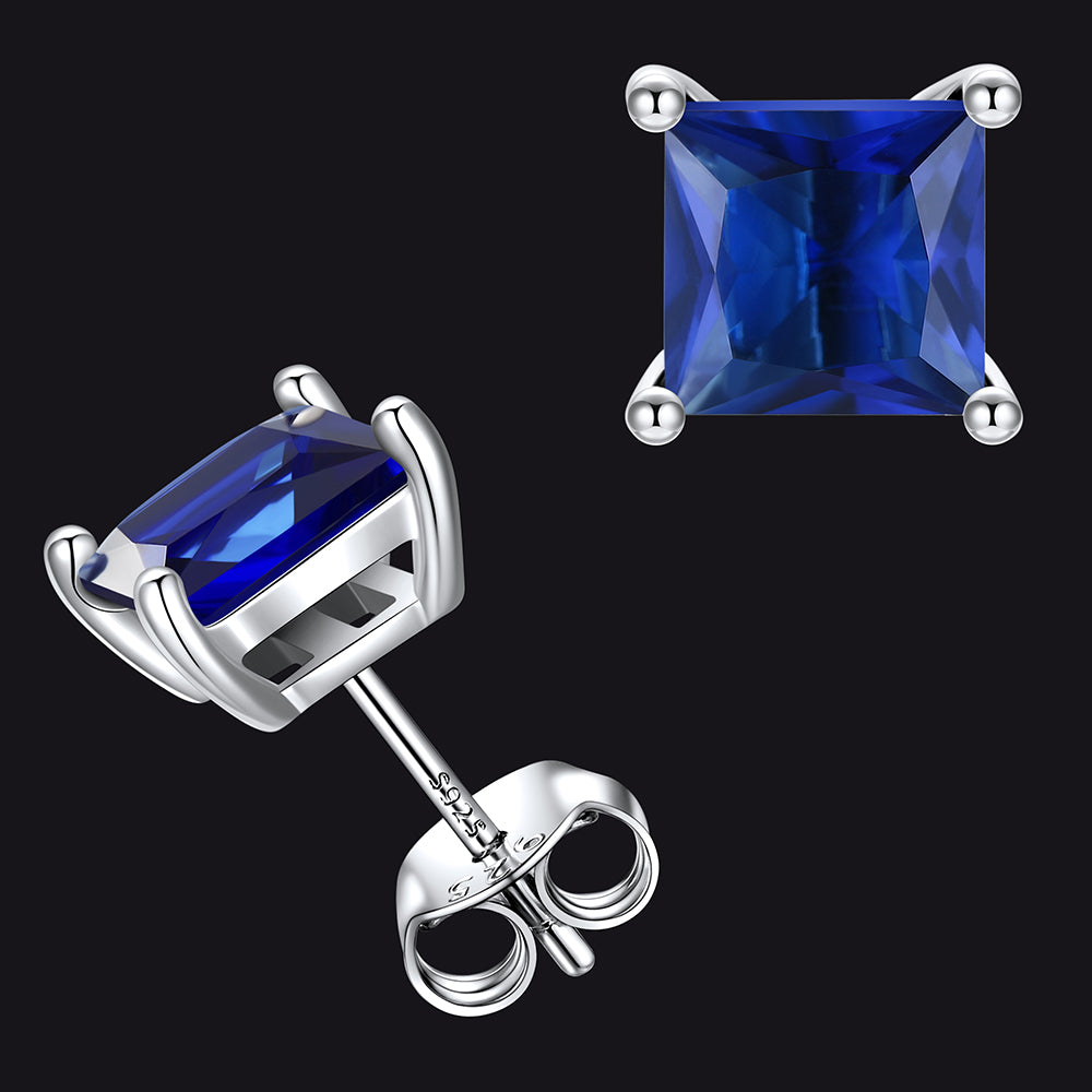 Sterling Silver Princess Cut Birthstone Stud Earrings Gift for Women Her