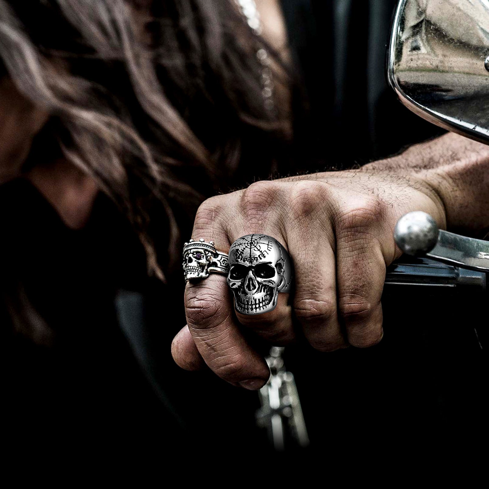 Stainless Steel Biker Punk Compass Skull Ring for Men