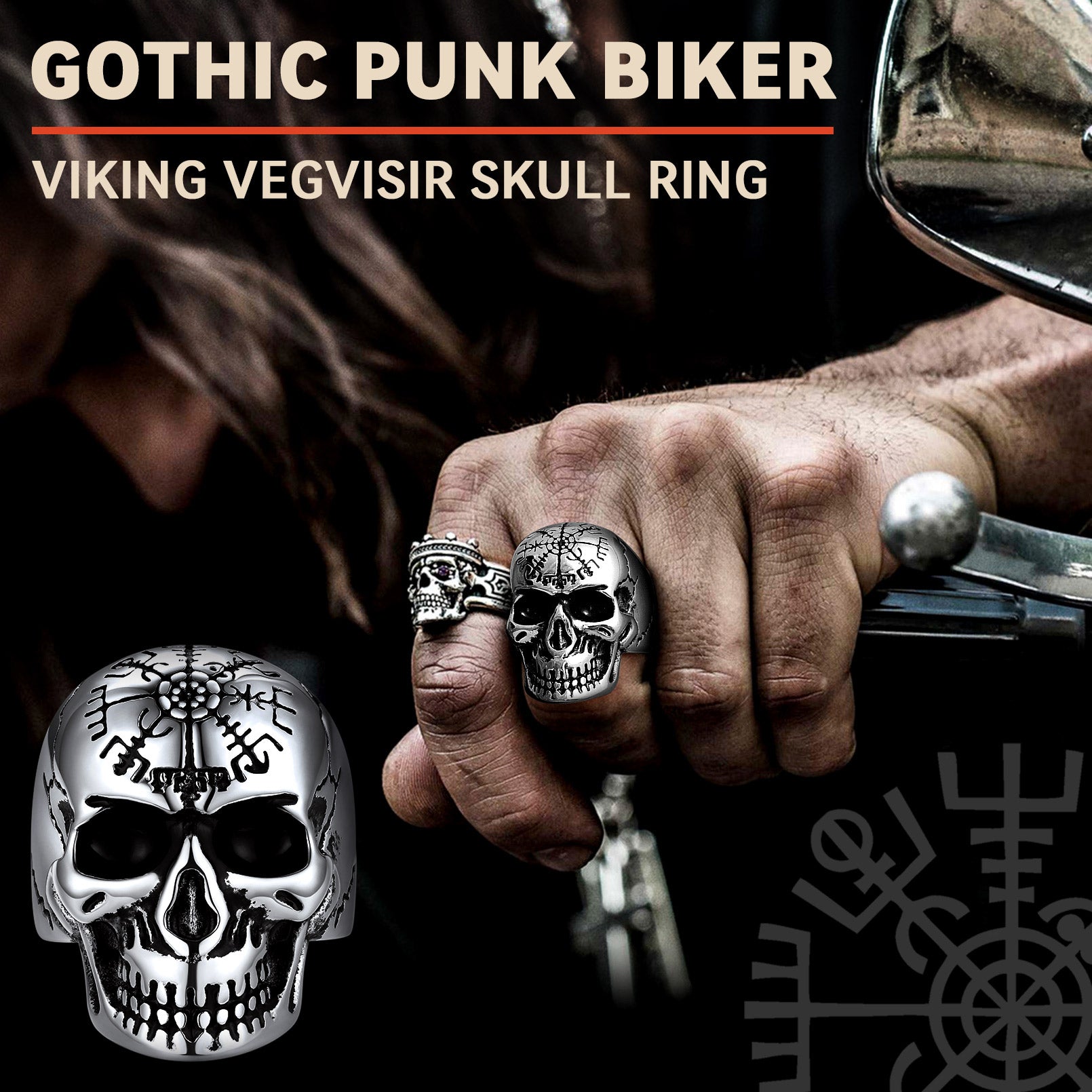 Stainless Steel Biker Punk Compass Skull Ring for Men